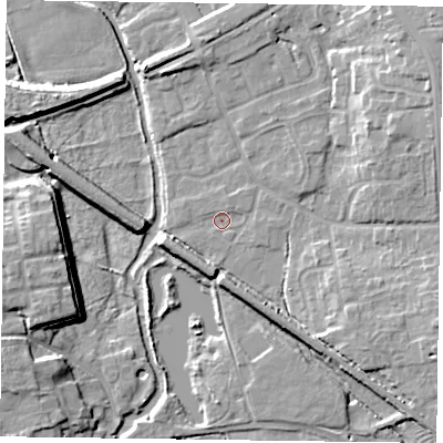 Shaded relief map of the ground around DN227AQ, computed from Environment Agency LiDAR. The ground here sits at about 15 m above sea level and falls 11 m across the surrounding 800 m. Surface water reaching this point runs off ground lying to the east, 1.1 m higher.