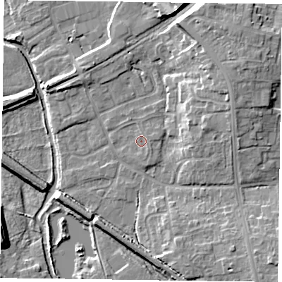 Shaded relief map of the ground around DN227AT, computed from Environment Agency LiDAR. The ground here sits at about 17 m above sea level and falls 12 m across the surrounding 800 m. Surface water reaching this point runs off ground lying to the south-east, 0.8 m higher.