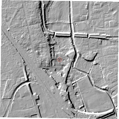 Shaded relief map of the ground around DN227AW, computed from Environment Agency LiDAR. The ground here sits at about 15 m above sea level and falls 12 m across the surrounding 800 m. Surface water reaching this point runs off ground lying to the west-north-west, 8.0 m higher.