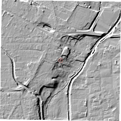 Shaded relief map of the ground around DN227AY, computed from Environment Agency LiDAR. The ground here sits at about 18 m above sea level and falls 11 m across the surrounding 800 m. Surface water reaching this point runs off ground lying to the west, 3.5 m higher.