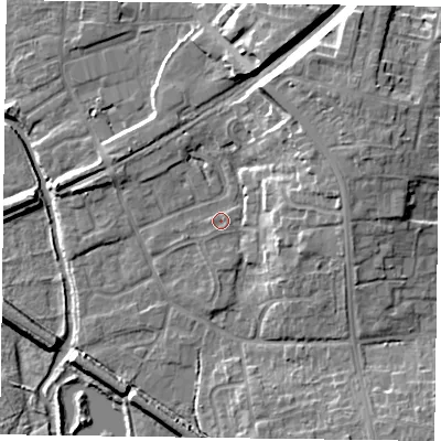 Shaded relief map of the ground around DN227BL, computed from Environment Agency LiDAR. The ground here sits at about 16 m above sea level and falls 12 m across the surrounding 800 m. Surface water reaching this point runs off ground lying to the east-north-east, 8.9 m higher.
