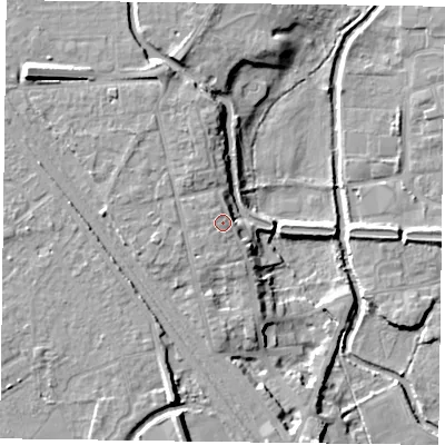 Shaded relief map of the ground around DN227BN, computed from Environment Agency LiDAR. The ground here sits at about 20 m above sea level and falls 12 m across the surrounding 800 m. Surface water reaching this point runs off ground lying to the west-south-west, 1.3 m higher.