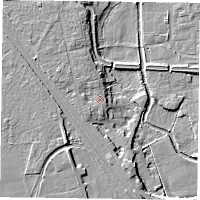 Shaded relief map of the ground around DN227BW, computed from Environment Agency LiDAR. The ground here sits at about 20 m above sea level and falls 12 m across the surrounding 800 m. Surface water reaching this point runs off ground lying to the north-west, 2.6 m higher.