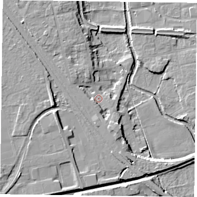 Shaded relief map of the ground around DN227DD, computed from Environment Agency LiDAR. The ground here sits at about 18 m above sea level and falls 12 m across the surrounding 800 m. Surface water reaching this point runs off ground lying to the south, 3.7 m higher.