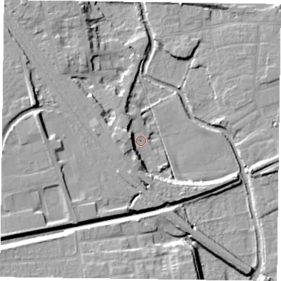 Shaded relief map of the ground around DN227DH, computed from Environment Agency LiDAR. The ground here sits at about 15 m above sea level and falls 12 m across the surrounding 800 m. Surface water reaching this point runs off ground lying to the south-west, 6.1 m higher.