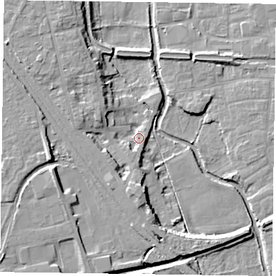 Shaded relief map of the ground around DN227DJ, computed from Environment Agency LiDAR. The ground here sits at about 16 m above sea level and falls 12 m across the surrounding 800 m. Surface water reaching this point runs off ground lying to the north-west, 7.2 m higher.