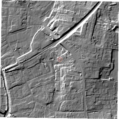 Shaded relief map of the ground around DN227DU, computed from Environment Agency LiDAR. The ground here sits at about 18 m above sea level and falls 12 m across the surrounding 800 m. Surface water reaching this point runs off ground lying to the east, 7.0 m higher.