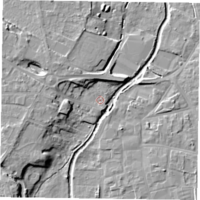 Shaded relief map of the ground around DN227DZ, computed from Environment Agency LiDAR. The ground here sits at about 14 m above sea level and falls 11 m across the surrounding 800 m. Surface water reaching this point runs off ground lying to the west-south-west, 6.5 m higher.