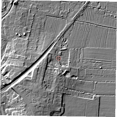Shaded relief map of the ground around DN227EP, computed from Environment Agency LiDAR. The ground here sits at about 17 m above sea level and falls 11 m across the surrounding 800 m. Surface water reaching this point runs off ground lying to the south-south-west, 8.7 m higher.