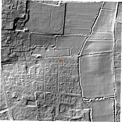 Shaded relief map of the ground around DN227EX, computed from Environment Agency LiDAR. The ground here sits at about 17 m above sea level and falls 10 m across the surrounding 800 m. Surface water reaching this point runs off ground lying to the south-west, 5.5 m higher.