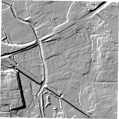 Shaded relief map of the ground around DN227GU, computed from Environment Agency LiDAR. The ground here sits at about 15 m above sea level and falls 12 m across the surrounding 800 m. Surface water reaching this point runs off ground lying to the east-south-east, 0.9 m higher.