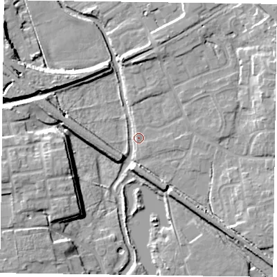 Shaded relief map of the ground around DN227GW, computed from Environment Agency LiDAR. The ground here sits at about 15 m above sea level and falls 11 m across the surrounding 800 m. Surface water reaching this point runs off ground lying to the west-south-west, 11.0 m higher.