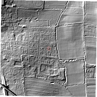 Shaded relief map of the ground around DN227HA, computed from Environment Agency LiDAR. The ground here sits at about 18 m above sea level and falls 10 m across the surrounding 800 m. Surface water reaching this point runs off ground lying to the west-south-west, 3.7 m higher.
