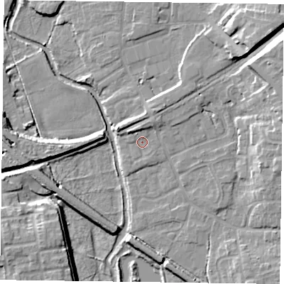 Shaded relief map of the ground around DN227HL, computed from Environment Agency LiDAR. The ground here sits at about 16 m above sea level and falls 12 m across the surrounding 800 m. Surface water reaching this point runs off ground lying to the north, 2.5 m higher.