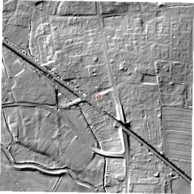 Shaded relief map of the ground around DN227JA, computed from Environment Agency LiDAR. The ground here sits at about 19 m above sea level and falls 13 m across the surrounding 800 m. Surface water reaching this point runs off ground lying to the south-east, 6.5 m higher.