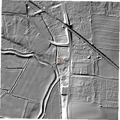 Shaded relief map of the ground around DN227JG, computed from Environment Agency LiDAR. The ground here sits at about 17 m above sea level and falls 13 m across the surrounding 800 m. Surface water reaching this point runs off ground lying to the east-north-east, 3.2 m higher.