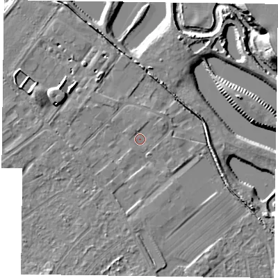 Shaded relief map of the ground around DN227PX, computed from Environment Agency LiDAR. The ground here sits at about 13 m above sea level and falls 15 m across the surrounding 800 m. Surface water reaching this point runs off ground lying to the north-north-east, 0.6 m higher.