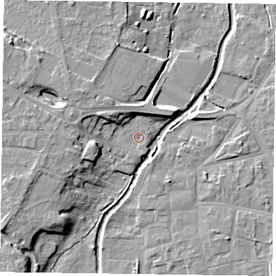 Shaded relief map of the ground around DN227PZ, computed from Environment Agency LiDAR. The ground here sits at about 14 m above sea level and falls 11 m across the surrounding 800 m. Surface water reaching this point runs off ground lying to the west-south-west, 6.5 m higher.