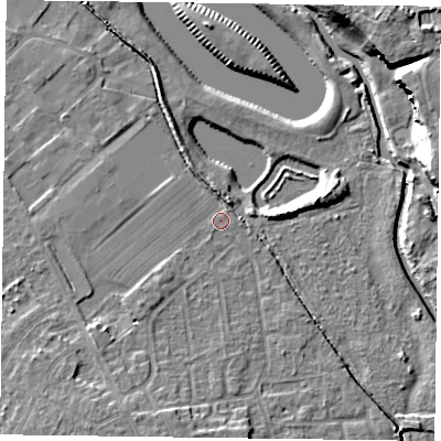 Shaded relief map of the ground around DN227SP, computed from Environment Agency LiDAR. The ground here sits at about 13 m above sea level and falls 15 m across the surrounding 800 m. Surface water reaching this point runs off ground lying to the south-south-west, 4.2 m higher.