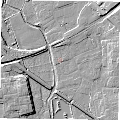 Shaded relief map of the ground around DN227SX, computed from Environment Agency LiDAR. The ground here sits at about 16 m above sea level and falls 11 m across the surrounding 800 m. Surface water reaching this point runs off ground lying to the north, 2.5 m higher.