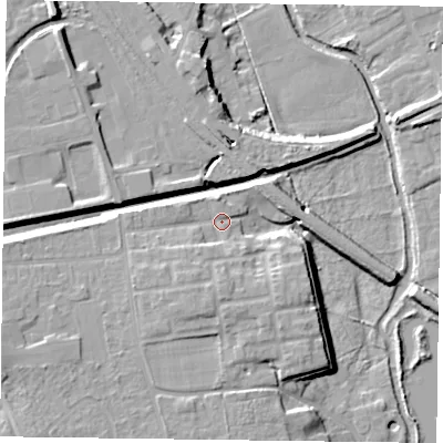 Shaded relief map of the ground around DN227TA, computed from Environment Agency LiDAR. The ground here sits at about 20 m above sea level and falls 16 m across the surrounding 800 m. Surface water reaching this point runs off ground lying to the south-south-west, 4.7 m higher.