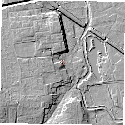 Shaded relief map of the ground around DN227TP, computed from Environment Agency LiDAR. The ground here sits at about 17 m above sea level and falls 16 m across the surrounding 800 m. Surface water reaching this point runs off ground lying to the south-west, 13.1 m higher.