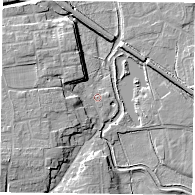Shaded relief map of the ground around DN227TR, computed from Environment Agency LiDAR. The ground here sits at about 16 m above sea level and falls 14 m across the surrounding 800 m. Surface water reaching this point runs off ground lying to the west, 1.0 m higher.
