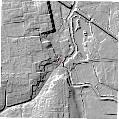 Shaded relief map of the ground around DN227TS, computed from Environment Agency LiDAR. The ground here sits at about 16 m above sea level and falls 14 m across the surrounding 800 m. Surface water reaching this point runs off ground lying to the west-south-west, 12.0 m higher.