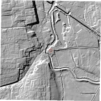 Shaded relief map of the ground around DN227TT, computed from Environment Agency LiDAR. The ground here sits at about 16 m above sea level and falls 13 m across the surrounding 800 m. Surface water reaching this point runs off ground lying to the west-south-west, 0.9 m higher.
