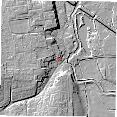 Shaded relief map of the ground around DN227TU, computed from Environment Agency LiDAR. The ground here sits at about 18 m above sea level and falls 15 m across the surrounding 800 m. Surface water reaching this point runs off ground lying to the west-north-west, 4.7 m higher.