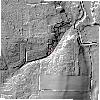Shaded relief map of the ground around DN227TY, computed from Environment Agency LiDAR. The ground here sits at about 20 m above sea level and falls 16 m across the surrounding 800 m. Surface water reaching this point runs off ground lying to the north-west, 4.5 m higher.
