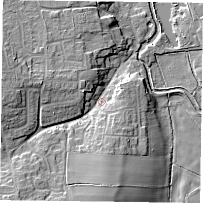 Shaded relief map of the ground around DN227TZ, computed from Environment Agency LiDAR. The ground here sits at about 18 m above sea level and falls 16 m across the surrounding 800 m. Surface water reaching this point runs off ground lying to the south-west, 12.0 m higher.