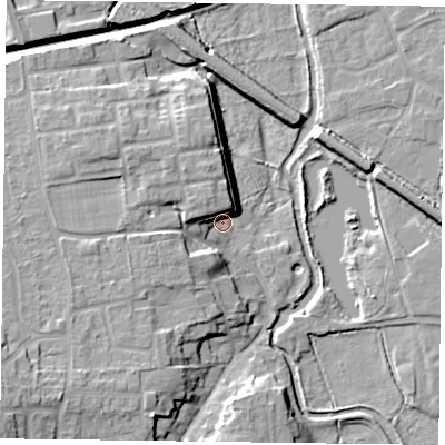 Shaded relief map of the ground around DN227US, computed from Environment Agency LiDAR. The ground here sits at about 16 m above sea level and falls 16 m across the surrounding 800 m. Surface water reaching this point runs off ground lying to the north-north-west, 7.9 m higher.