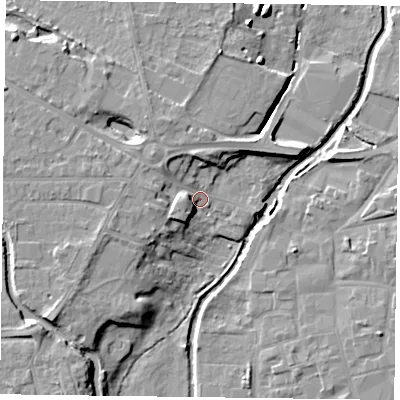 Shaded relief map of the ground around DN227UX, computed from Environment Agency LiDAR. The ground here sits at about 15 m above sea level and falls 11 m across the surrounding 800 m. Surface water reaching this point runs off ground lying to the south-west, 6.8 m higher.