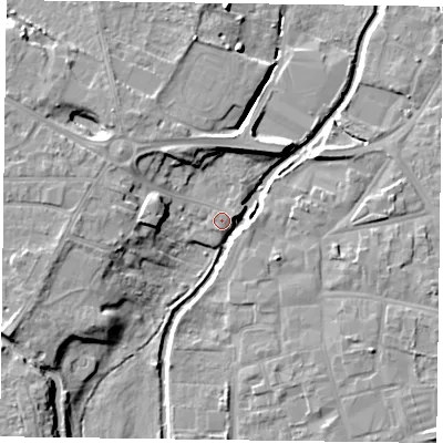 Shaded relief map of the ground around DN227UY, computed from Environment Agency LiDAR. The ground here sits at about 15 m above sea level and falls 11 m across the surrounding 800 m. The ground contributing surface water to this point lies to the south-south-west.