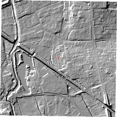 Shaded relief map of the ground around DN227WB, computed from Environment Agency LiDAR. The ground here sits at about 17 m above sea level and falls 12 m across the surrounding 800 m. Surface water reaching this point runs off ground lying to the east, 2.8 m higher.