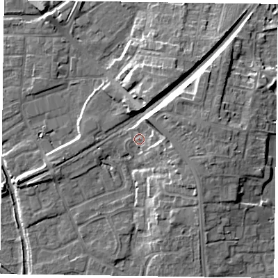 Shaded relief map of the ground around DN227WD, computed from Environment Agency LiDAR. The ground here sits at about 18 m above sea level and falls 12 m across the surrounding 800 m. Surface water reaching this point runs off ground lying to the east, 5.7 m higher.
