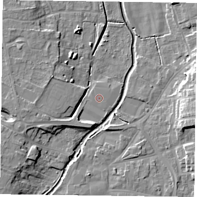 Shaded relief map of the ground around DN227XD, computed from Environment Agency LiDAR. The ground here sits at about 13 m above sea level and falls 13 m across the surrounding 800 m. The ground contributing surface water to this point lies to the north-east.