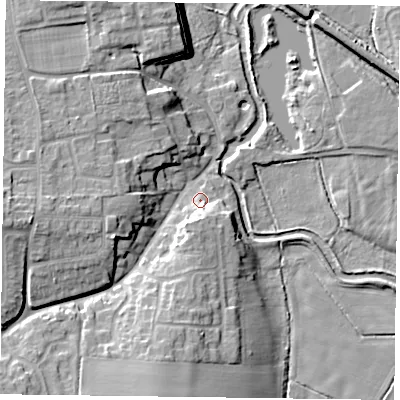 Shaded relief map of the ground around DN227ZP, computed from Environment Agency LiDAR. The ground here sits at about 17 m above sea level and falls 14 m across the surrounding 800 m. Surface water reaching this point runs off ground lying to the south, 4.9 m higher.