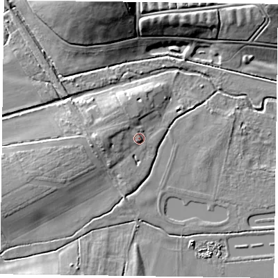 Shaded relief map of the ground around DN228DF, computed from Environment Agency LiDAR. The ground here sits at about 25 m above sea level and falls 19 m across the surrounding 800 m. Surface water reaching this point runs off ground lying to the west, 4.1 m higher.