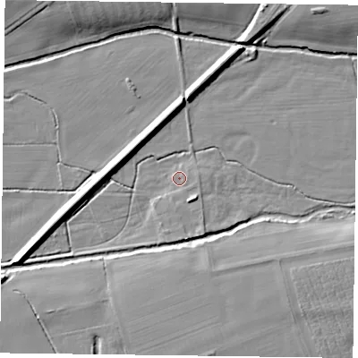 Shaded relief map of the ground around DN228DG, computed from Environment Agency LiDAR. The ground here sits at about 26 m above sea level and falls 9 m across the surrounding 800 m. Surface water reaching this point runs off ground lying to the south-south-east, 3.6 m higher.
