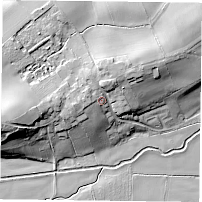 Shaded relief map of the ground around DN228DT, computed from Environment Agency LiDAR. The ground here sits at about 40 m above sea level and falls 25 m across the surrounding 800 m. Surface water reaching this point runs off ground lying to the north-west, 3.5 m higher.