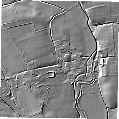 Shaded relief map of the ground around DN228EB, computed from Environment Agency LiDAR. The ground here sits at about 19 m above sea level and falls 7 m across the surrounding 800 m. Surface water reaching this point runs off ground lying to the south-west, 5.0 m higher.