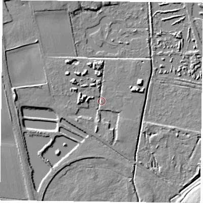 Shaded relief map of the ground around DN228LW, computed from Environment Agency LiDAR. The ground here sits at about 9 m above sea level and falls 13 m across the surrounding 800 m. Surface water reaching this point runs off ground lying to the west, 7.6 m higher.