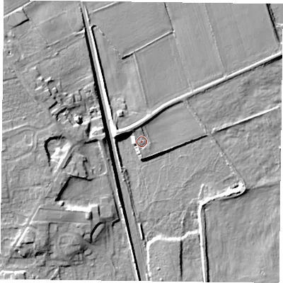 Shaded relief map of the ground around DN228NH, computed from Environment Agency LiDAR. The ground here sits at about 11 m above sea level and falls 12 m across the surrounding 800 m. Surface water reaching this point runs off ground lying to the west-north-west, 8.1 m higher.