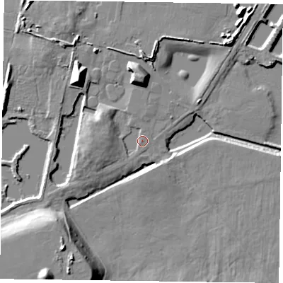 Shaded relief map of the ground around DN228SB, computed from Environment Agency LiDAR. The ground here sits at about 10 m above sea level and falls 17 m across the surrounding 800 m. Surface water reaching this point runs off ground lying to the north-west, 12.2 m higher.