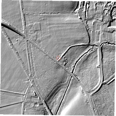 Shaded relief map of the ground around DN228SF, computed from Environment Agency LiDAR. The ground here sits at about 14 m above sea level and falls 11 m across the surrounding 800 m. Surface water reaching this point runs off ground lying to the west-north-west, 1.2 m higher.