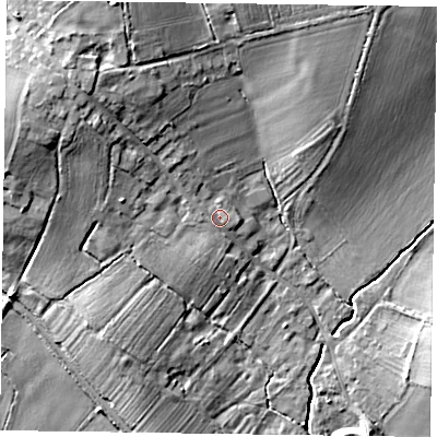 Shaded relief map of the ground around DN229AD, computed from Environment Agency LiDAR. The ground here sits at about 16 m above sea level and falls 17 m across the surrounding 800 m. Surface water reaching this point runs off ground lying to the north-west, 8.0 m higher.