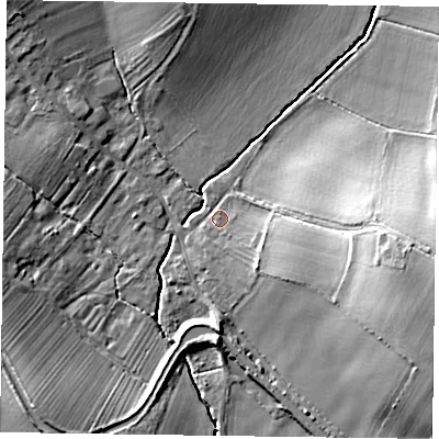 Shaded relief map of the ground around DN229AH, computed from Environment Agency LiDAR. The ground here sits at about 13 m above sea level and falls 19 m across the surrounding 800 m. Surface water reaching this point runs off ground lying to the east-south-east, 18.6 m higher.