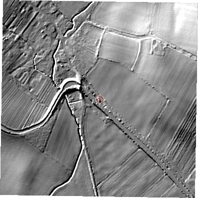 Shaded relief map of the ground around DN229AL, computed from Environment Agency LiDAR. The ground here sits at about 13 m above sea level and falls 23 m across the surrounding 800 m. Surface water reaching this point runs off ground lying to the east-north-east, 18.5 m higher.